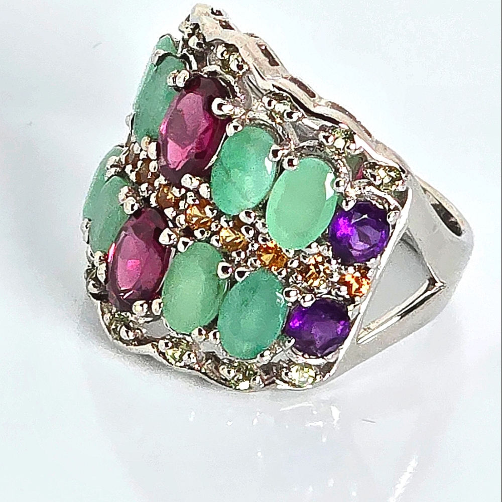 Natural Rhodolite 7x5mm,‎ Amethyst, Emerald 925 Sterling Silver Ring  Sz 8.5 - Picture 7 of 8
